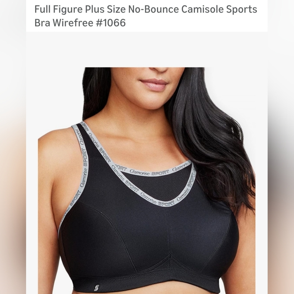 Glamorise Black Camisole No-Bounce Sports Bra with Gray Logo Trim. W-16